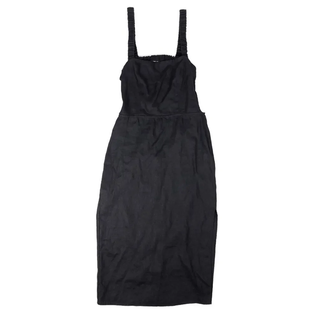 REFORMATION Dale Open Back 100% Linen Sheath Midi Dress 8 Minimal Black